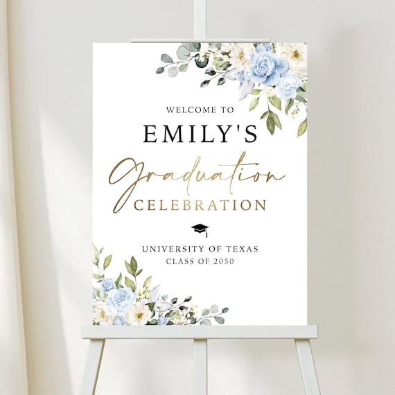 Blue and White Floral Graduation Party Welcome Sign, Graduation Decor, Greenery Grad Party Sign, Modern Grad Sign, Eucalyptus, Bohemian, BW2