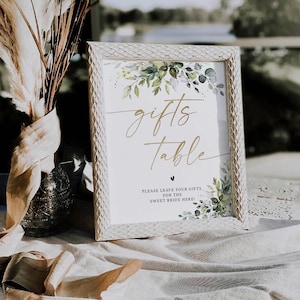 Greenery Geschenke Tischschild für Brautparty, Babyparty, Botanicals Karten und Geschenke Zeichen, Minimalistisches Hochzeitsgeschenke Zeichen, Eukalyptus, HB2