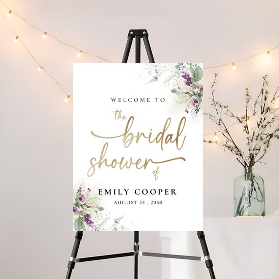 Greenery Purple Bridal Shower Welcome Sign, Lavender Bridal Brunch Sign, Green Lavender Wedding Shower Sign, Lilac Lavender floral, Gold,GPU