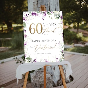 Greenery Purple 60 Jahre geliebt Willkommensschild, alles Gute zum Geburtstag Willkommensschild, Zeichen zum 50