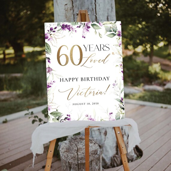 Greenery Purple 60 Years Loved Welcome Sign, Happy Birthday Welcome Sign, 50th Birthday Sign, Happy Birthday Decorations, Eucalyptus, GPU