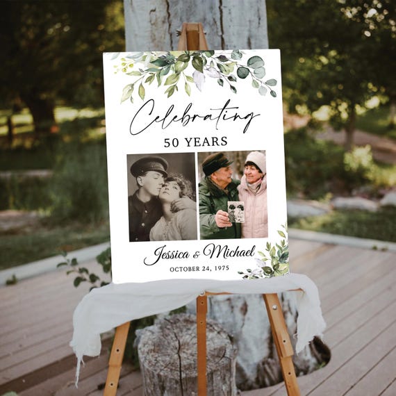 PRINTED OR DIGITAL Greenery 50th Anniversary Welcome Sign, Celebrating 50 Years Foamboard Poster, Photo Wedding Anniversary, Faux Gold, HB2