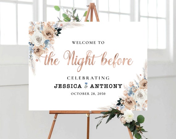 Ivory And Blue Boho The night before Welcome Sign, Rehearsal Dinner Sign, One Day Away Sign, Bohemian, Wedding Decor, Wedding Poster, IVB