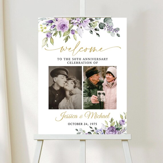 Purple Floral 50th Anniversary Welcome Sign: Photo Display (Digital File, PF4)