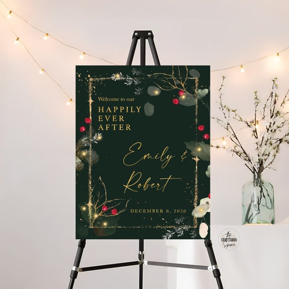 Christmas Wedding Welcome Sign Printable, Christmas Wedding Sign, Holiday Welcome Sign, Wedding welcome Sign, Poinsettia and Lights, CRM3