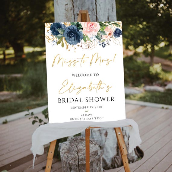 PRINTED OR DIGITAL Navy Blush Pink Floral Bridal Shower Welcome Sign, Foam Board, Poster, Eucalyptus, Elegant Wedding Shower Decoration, NB1