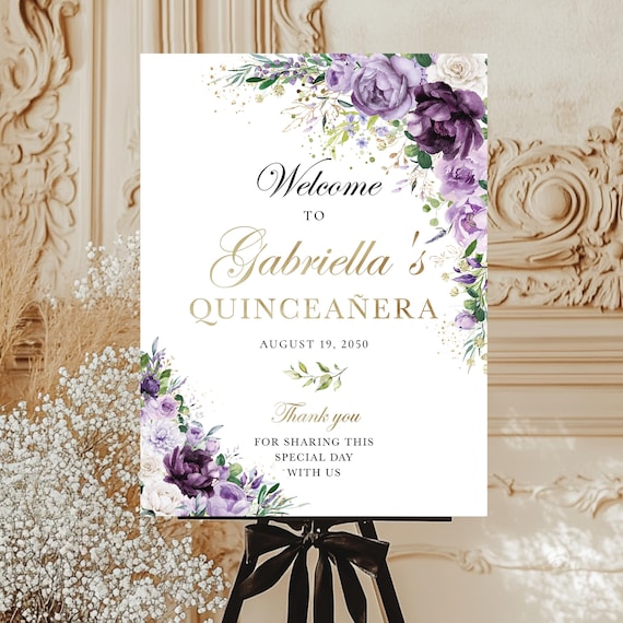Purple Floral Quinceañera Welcome Sign, Violet Flowers and Greenery, Sweet 16 (Digital Printable)