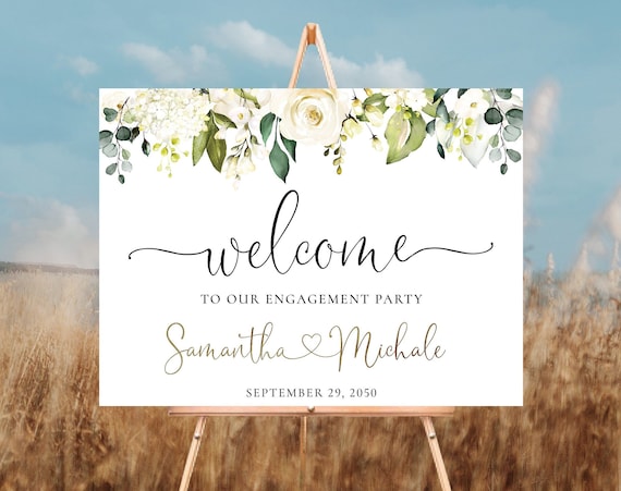White roses Engagement party Welcome Sign, Greenery Engagement Party Decor, We are engaged Sign, Decorations, Eucalyptus, Cream roses, WR2