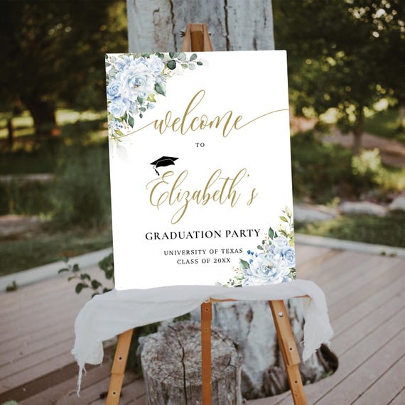 Blue Floral Graduation Party Welcome Sign, Botanical Grad Celebration Poster (Digital Printable)