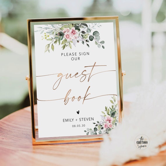 Blush Pink Greenery Please Sign Our Guestbook Sign, Modern Wedding Guestbook, Sign Our Guestbook Sign, Minimalist Wedding Signage, BG1