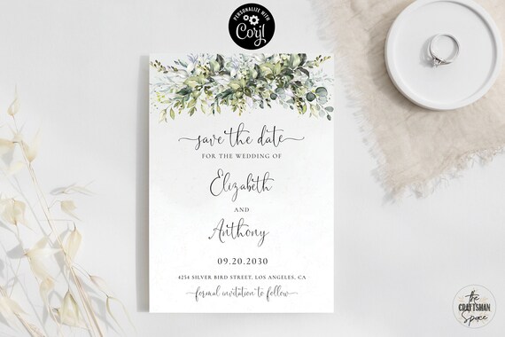 Greenery Save The Date Digital Template, Printable Save The Date, Minimalist Save Our Date, Editable, Corjl, Eucalyptus Save the Date, HB5