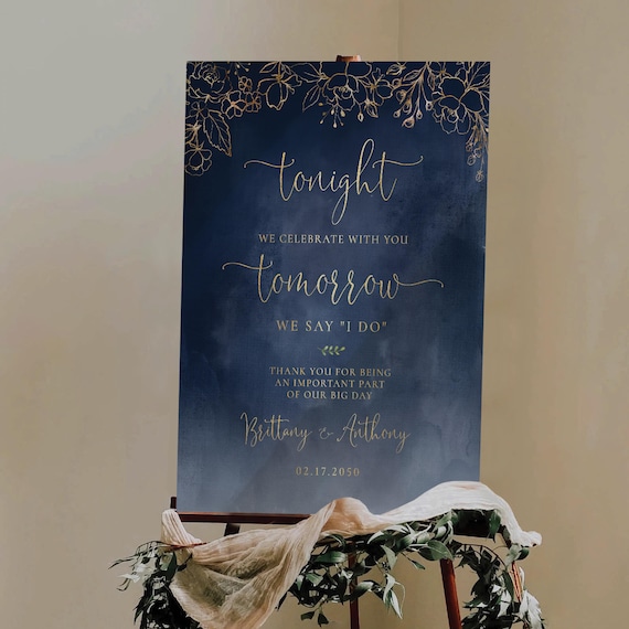 Gold Floral Rehearsal Dinner Welcome Sign, Modern Navy Wedding Poster (Printed or Digital File)