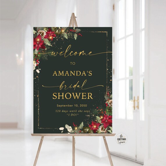 Winter Bridal Shower Welcome Sign, Christmas Bridal Shower Sign, Holiday Wedding Decoration, Poinsettia and Lights, Rustic Christmas, CRM6