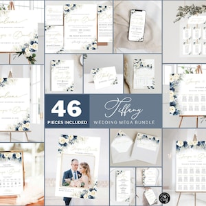 TIFFANY Navy Blue and White Rose Wedding Mega Bundle, Wedding Invites Mega Bundle, 46 Pieces, Wedding Invitation Template, Printable, NWR
