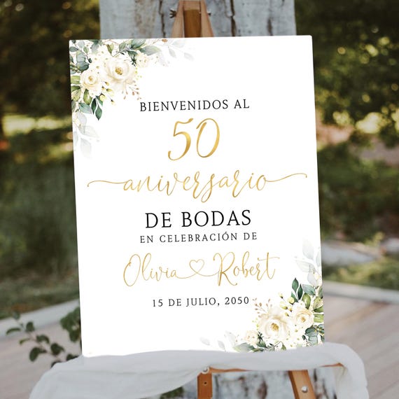 Floral Spanish 50th Anniversary Welcome Sign, White Flowers, Eucalyptus Wedding (Digital Printable)