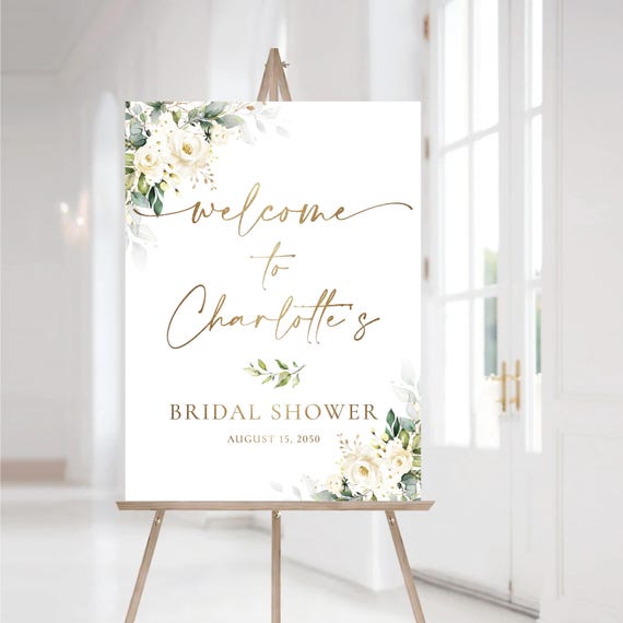 PRINTED OR DIGITAL White roses Bridal Shower Welcome Sign, Foam Board, Poster, Eucalyptus, Elegant Wedding Shower Decorations, Herbal, WR3
