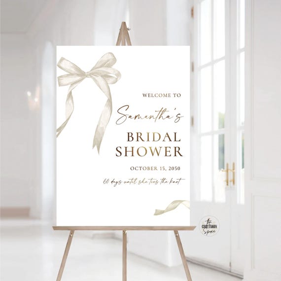 She's Tying the Knot Bridal Shower Welcome Sign, Minimalist Beige Bow Bridal Shower Poster, Ribbon Bow Wedding Shower Sign, Decorations