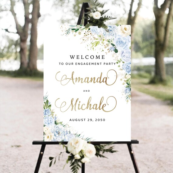 Dusty Blue Greenery Engagement Party Welcome Sign, Botanicals Wedding Rehearsal Decorations, Minimalist We are Engaged Sign, Eucalyptus, LB2