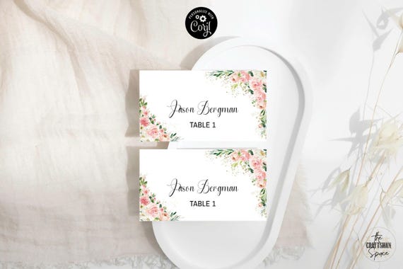 Blush Pink roses Table Name Card, Wedding Place Cards, Eucalyptus Watercolor Greenery Leaves, Flat and Tentfolded, Ethereal Blush pink, EB1