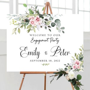 Blush pink roses Engagement party Welcome Sign, Greenery Engagement Party Decor, We are engaged, Bohemian, Eucalyptus, Decoration, BG1