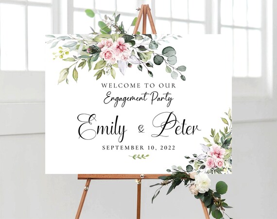 Blush pink roses Engagement party Welcome Sign, Greenery Engagement Party Decor, We are engaged, Bohemian, Eucalyptus, Decoration, BG1