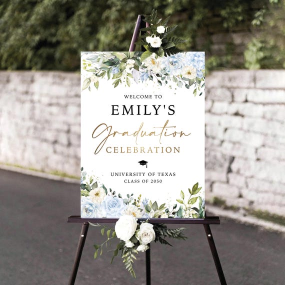 Blue White Floral Graduation Party Welcome Sign, Minimalist Grad Party Sign, Graduation Decor, Botanicals Graduation Banner, Eucalyptus, BW3