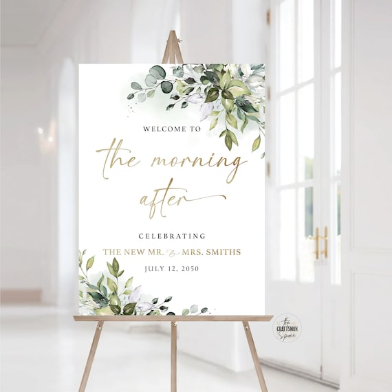Greenery Welcome to the Morning After Sign, Modern Wedding Sign, Botanicals Wedding Brunch Sign, Elegant Wedding Poster, Eucalyptus, HB2