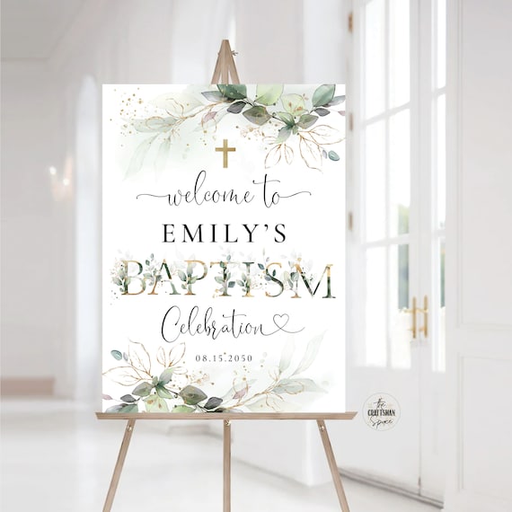 Greenery Baptism Welcome Sign, Baptism sign, First Holy Communion, Minimalist Baptism Sign, Baby shower sign, Printable, Eucalyptus, HB2