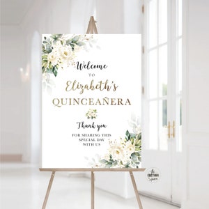 White roses Quinceañera Welcome Sign, Quinceanera Sign, Quinceanera Decorations, 15th Birthday Sign, Baby shower sign, Sweet 16 sign, WR3