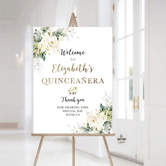White roses Quinceañera Welcome Sign, Quinceanera Sign, Quinceanera Decorations, 15th Birthday Sign, Baby shower sign, Sweet 16 sign, WR3