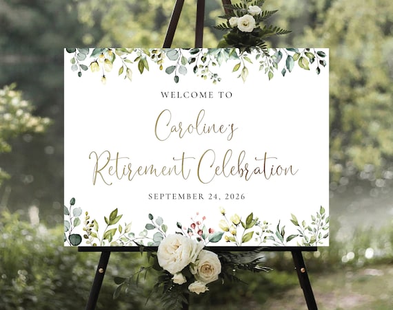 Greenery Retirement Party Welcome Sign, Elegant Retirement sign, Retirement Celebration Party Welcome Sign, Botanicals Retirement Decoration