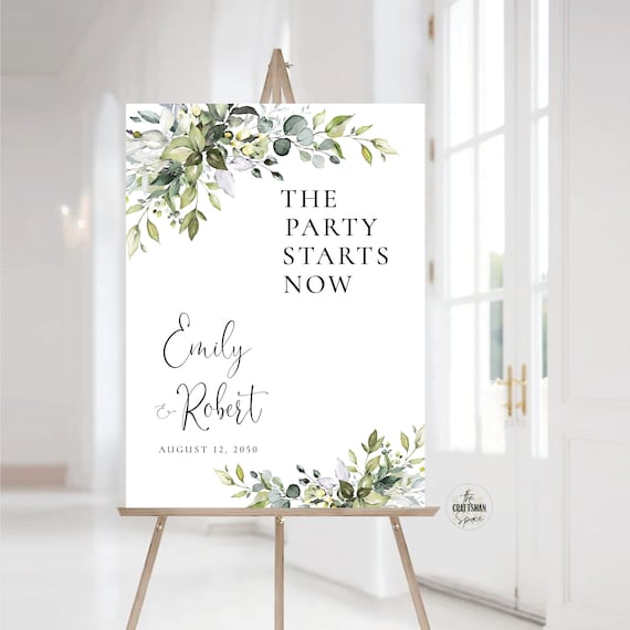 Greenery The Party Starts Now Welcome Sign, Wedding Sign, The Party Starts Now Wedding Sign, Printable, Poster, Eucalyptus, Decor, HB2
