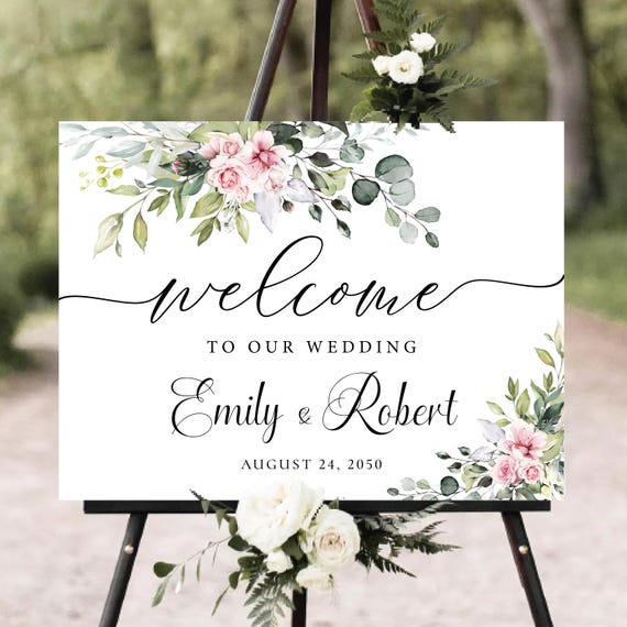 PRINTED OR DIGITAL Blush greenery Wedding Welcome Sign, Botanicals Wedding Foam Board, Poster, Eucalyptus Rehearsal Sign, Wedding Decor, BG1
