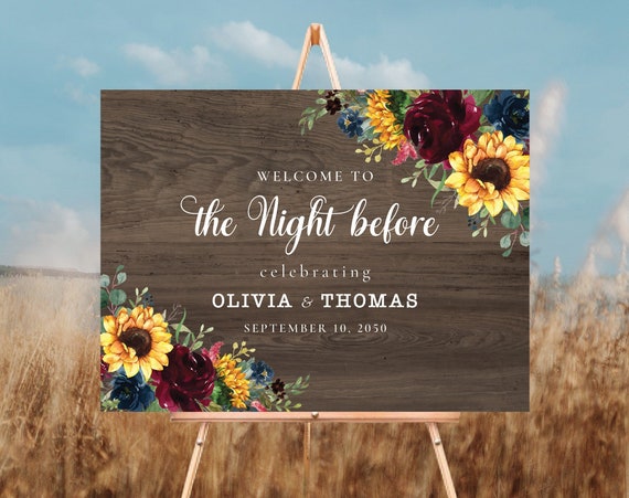 Burgundy Navy Sunflower The night before sign, Wood Rehearsal Welcome Sign, Wood Wedding Welcome Sign, Burgundy, BNS1