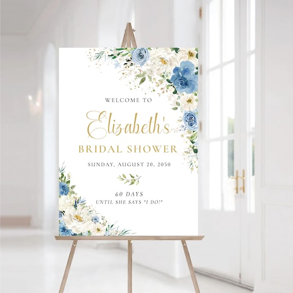 Blue Floral Bridal Shower Welcome Sign, White Flowers, Green Leaves (Digital Printable)