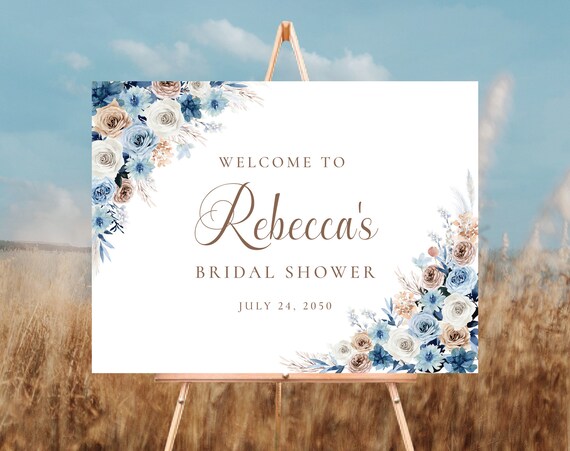 Blue boho Bridal Shower Sign, Bridal Shower Printable, Wedding Shower Decoration, Bridal Brunch Sign, Custom Design, Wedding Welcome Sign