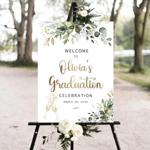 Greenery Graduation Party Welcome Sign, Rustic Graduation Poster, Gold Glitter, Graduation Decorations, Grad Party Poster, Eucalyptus, HB2