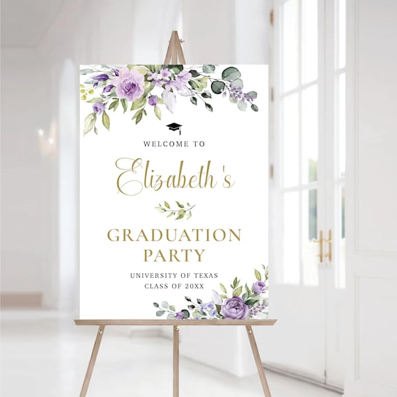 Floral Graduation Welcome Sign, Violet Flowers and Greenery, Elegant Grad Party Decor (Digital Printable)