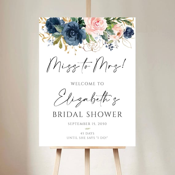 PRINTED OR DIGITAL Navy Blush Pink Floral Bridal Shower Welcome Sign, Foam Board, Poster, Eucalyptus, Elegant Wedding Shower Decoration, NB1