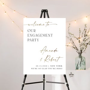 Panneau de bienvenue moderne pour fête de fiançailles, panneau Nous sommes fiancés minimaliste, décorations de photo de fête de fiançailles, panneau de fiançailles rustique pour la fête