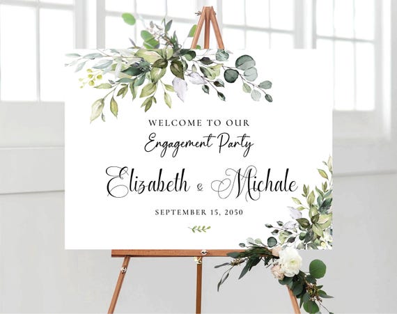 Watercolor Greenery Engagement Party Welcome Sign, Botanicals Wedding Rehearsal Decorations, Minimalist We are Engaged Sign, Eucalyptus, HB2