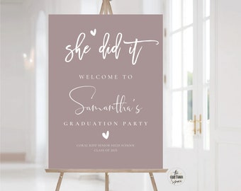 Graduation Party Welcome Sign, Minimal Graduation Decoration, Graduation Decorations, Graduation Party Sign, Rose, she did it