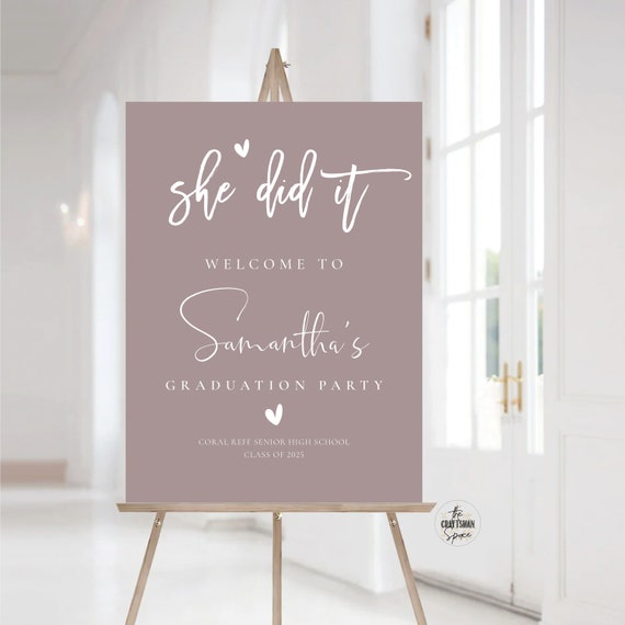 Graduation Party Welcome Sign, Minimal Graduation Decoration, Graduation Decorations, Graduation Party Sign, Rose, she did it