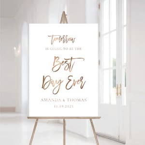Cena di prova minimalista, domani è il giorno migliore di sempre, segno della cena di prova, segno di benvenuto del matrimonio, la sera prima