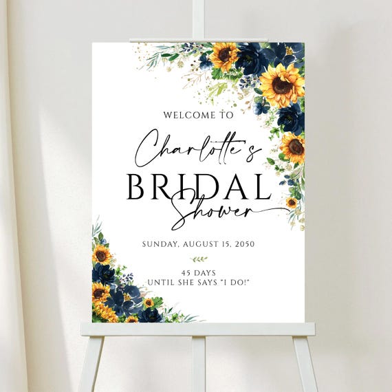 Navy Blue Sunflower Bridal Shower Welcome Sign Template, Printable Modern Wedding Shower Decoration, Boho Floral Editable Bridal Brunch Sign