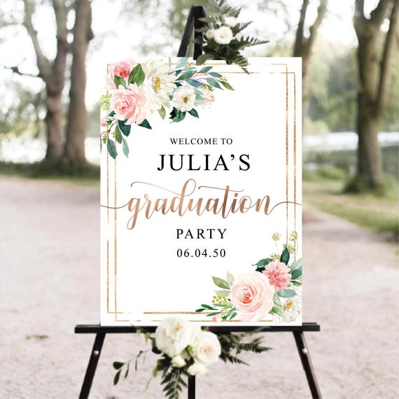 Ethereal Blush Roses Graduation Party Welcome Sign, Botanicals Graduation Sign, Graduation Decorations, Modern Grad Party Poster, Eucalyptus