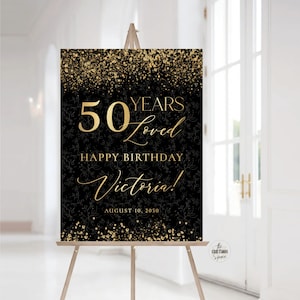 Modernes 50 Jahre geliebtes Willkommensschild, schwarz und goldenes alles Gute zum Geburtstag Willkommensschild 50
