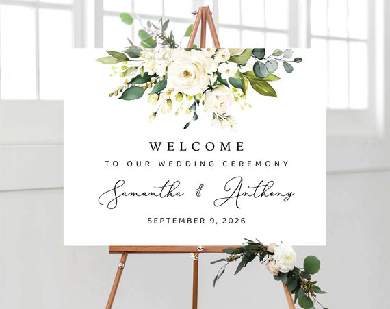 White roses Wedding Welcome Sign, Greenery wedding Welcome Sign, Digital Wedding Welcome Sign, Rehearsal Sign, Eucalyptus, Cream Roses, WR1