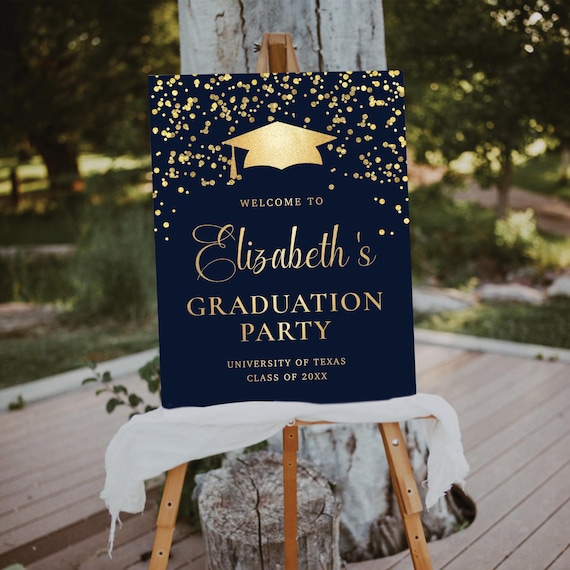 Minimal Graduation Party Welcome Sign, Elegant Grad Celebration Decor, Navy and Gold (Digital Printable)