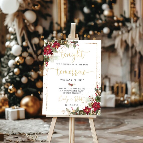 Christmas Rehearsal Dinner Welcome Sign, Red Poinsettia and Lights (Digital Printable)